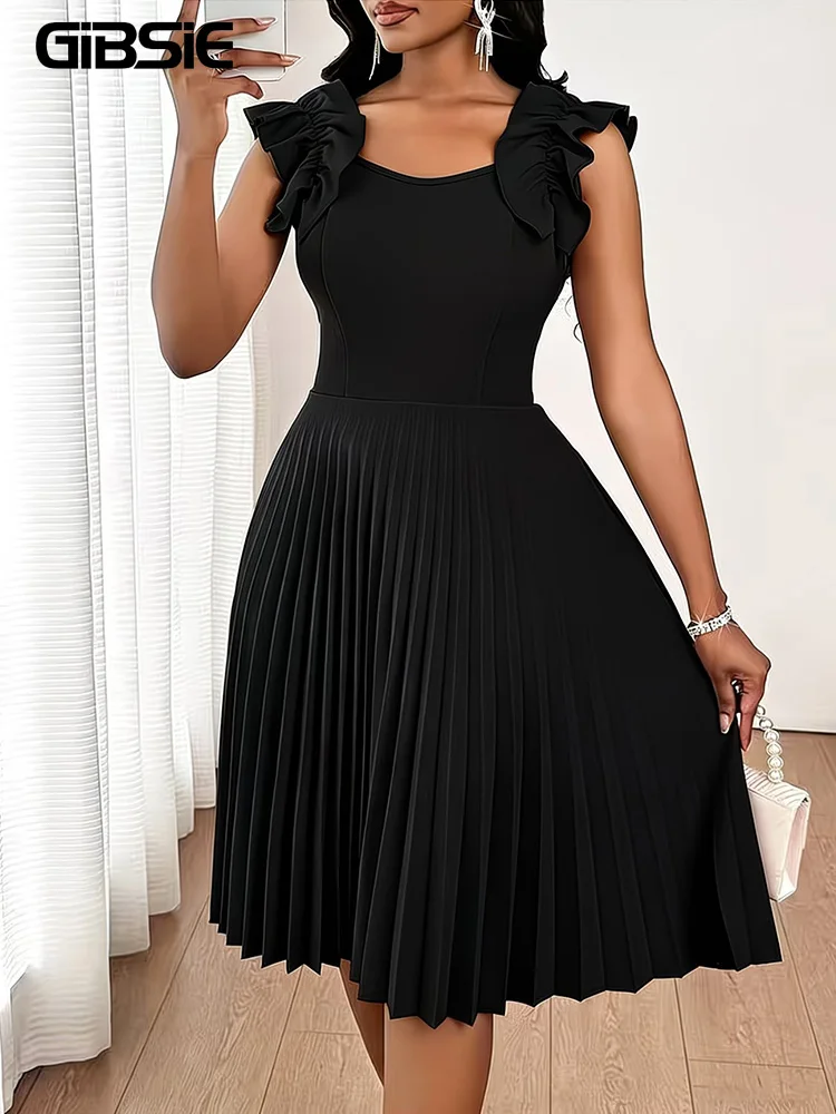 Plus Size Black Elegant Ruffle Trim Sleeveless Dress Women 2026 Summer High Waist Office Ladies Pleated Midi Dresses - Image 2