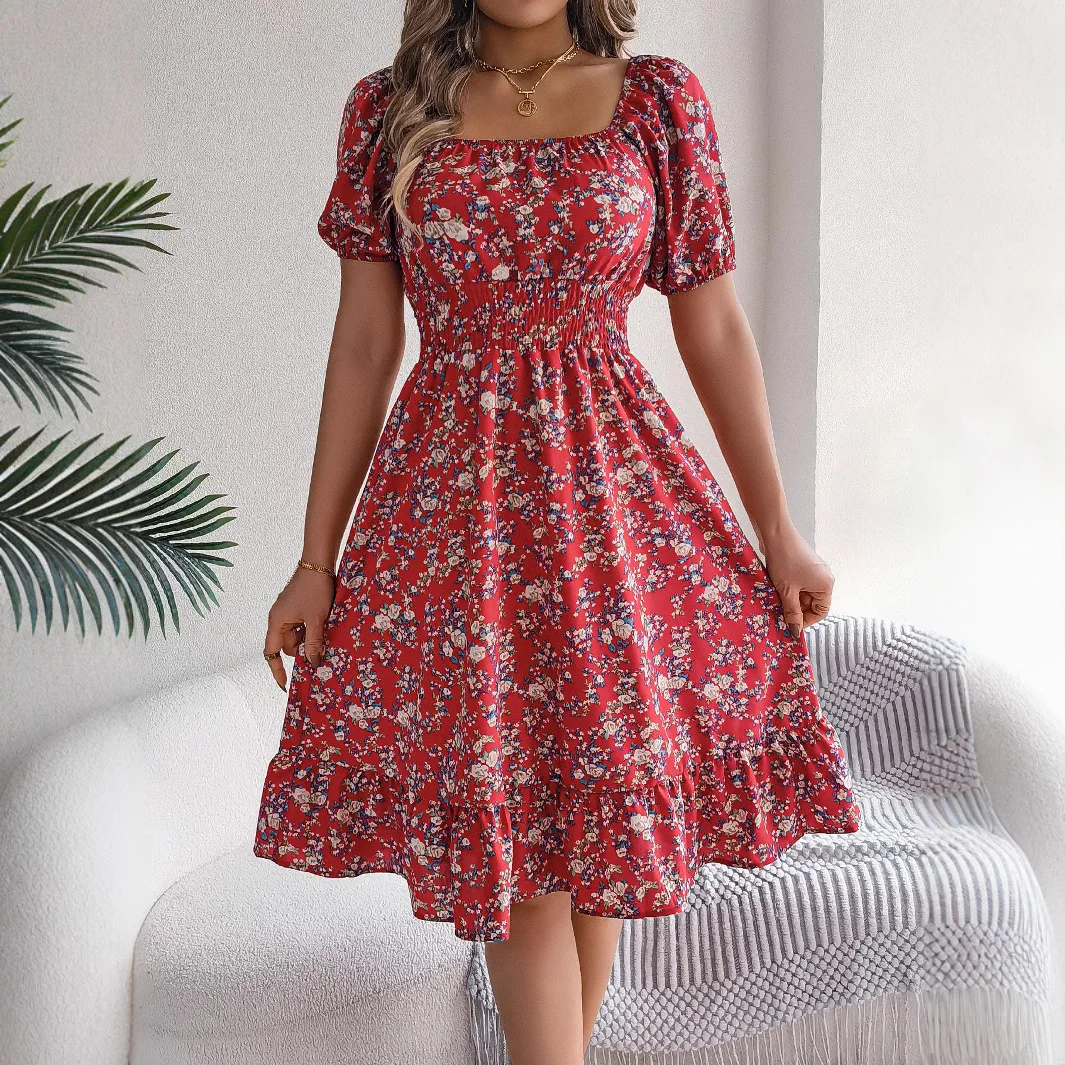Summer Women's Beach Dress Floral 3D Print Square Neck Short-Sleeved Ladies Waist Ruffled A-Line Dress For Women Holiday Dresses - Image 5