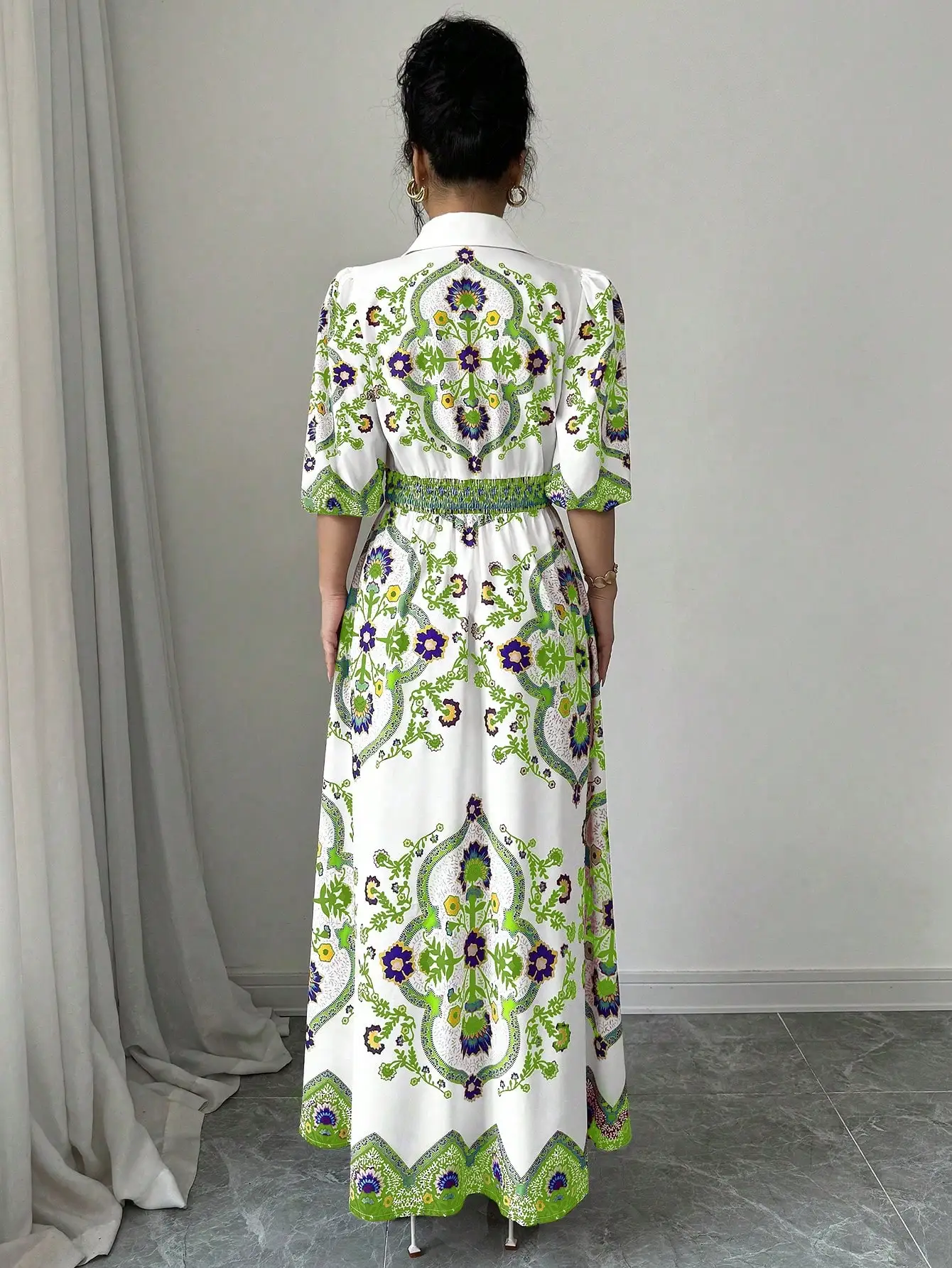 Vintage Floral Totem Print Women's Shirt Dress Elegant Turn Down Collar Puff Sleeve High Waist Long Dress For Beach Vacation - Image 2