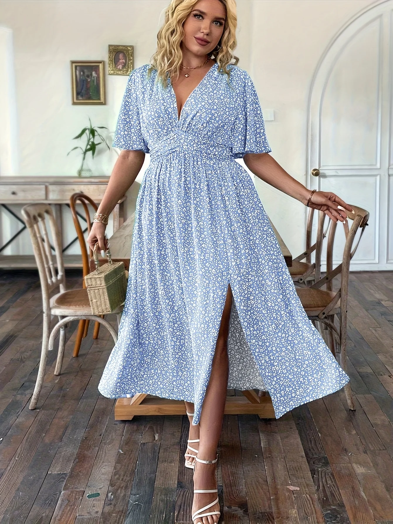 Summer Large Size Women’s Romantic Floral V-Neck Short Sleeve Waist-Cinched A-Line Holiday Dress