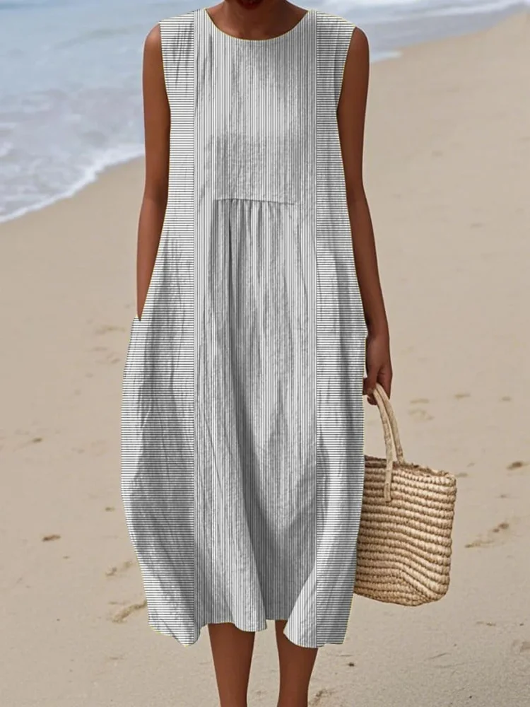 Women's Vestido Vintage Geometric Line Pattern Art Print Sleeveless Pocket Wrap Dress Plus Size Holiday Loose Summer Midi Robes - Image 2