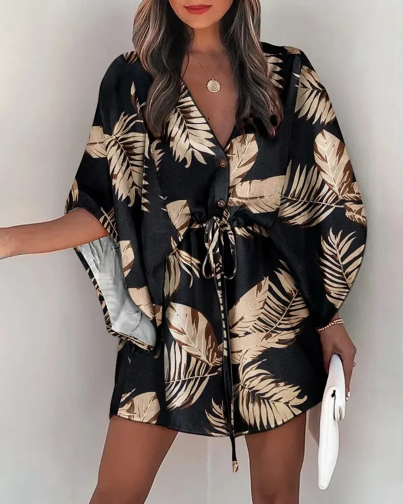 Summer Dress For Women 2024 New Floral Print Bat Half-Sleeve V-Neck Ruffle Irregular Hem Female Dress Casual Boho Women Clothes - Image 7