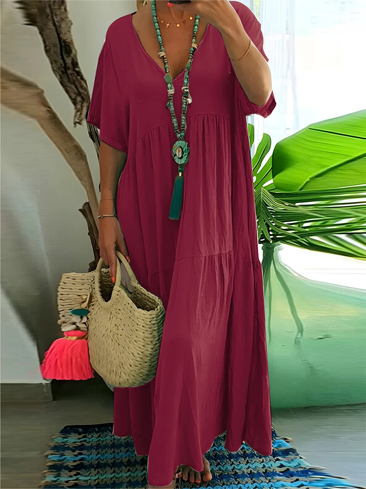 plus Size Women's Casual Loose V-Neck Solid Long Dress Spring Summer Pleated Big Size Women's Dress - Image 8