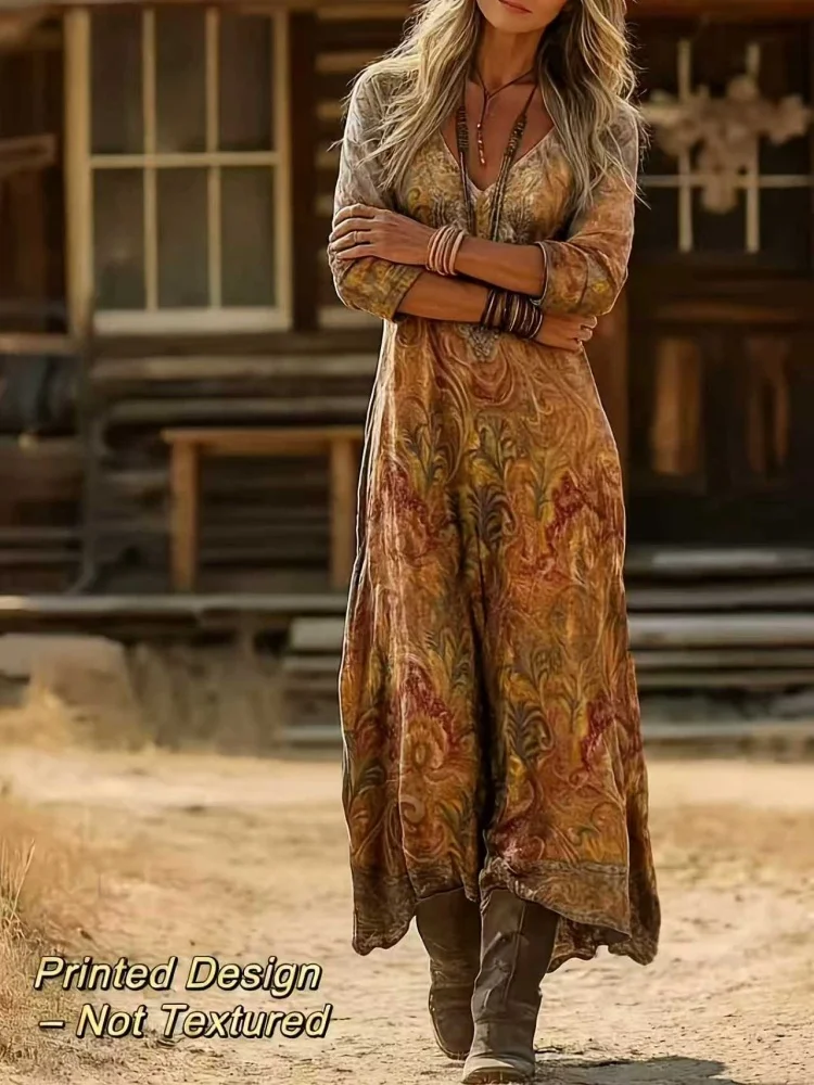 Women's Spring/Summer Vintage Ethnic Floral Art Print V-Neck Long Sleeve Dress, Bohemian Casual Midi Dress - Soft Stretchy Material - Image 3