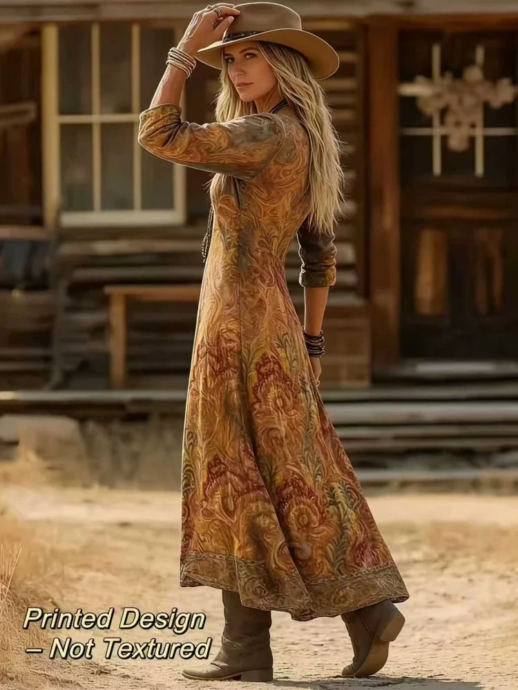 Women’s Spring/Summer Vintage Ethnic Floral Art Print V-Neck Long Sleeve Dress, Bohemian Casual Midi Dress – Soft Stretchy Material