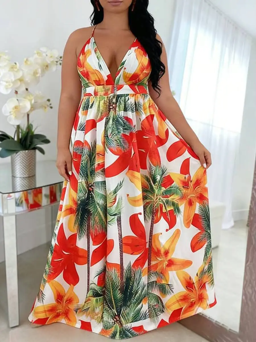 Women’s Plus Size Cami Dress Deep V-neck Tropical Plant Print High Waist A Line Maxi Dress Spring Summer Boho Vacation Dress