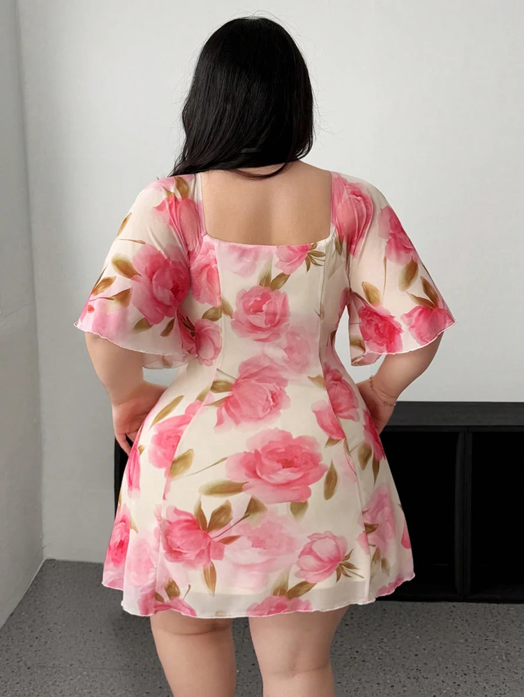 Plus Size Romantic Floral Pink Yellow Ruffle Sleeve Dress Short Sleeve V Neck Waistband Fitted Tiered - Image 2