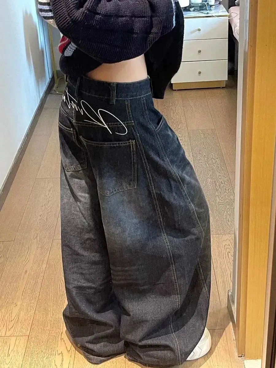 Black Women's Jeans High Waist Vintage Design Hip Hop Straight Baggy Denim Pants Street American Style Wide Leg Denim Trouser - Image 2