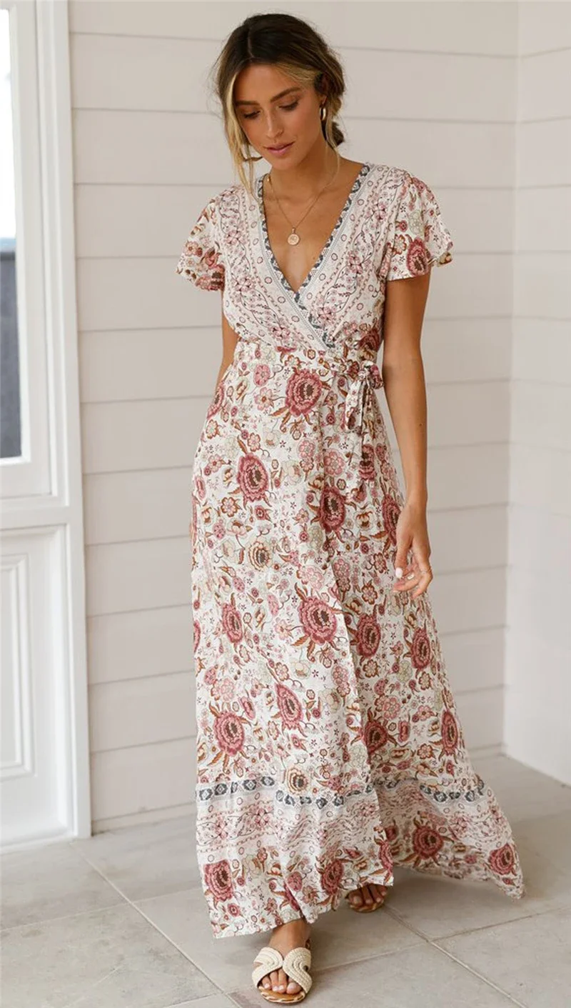 Happie Queens Women Floral Print Bat Sleeve Beach Bohemian Maxi Dress Ladies Sashes Boho Wrap Dresses Robe Bikini Cover-ups - Image 5