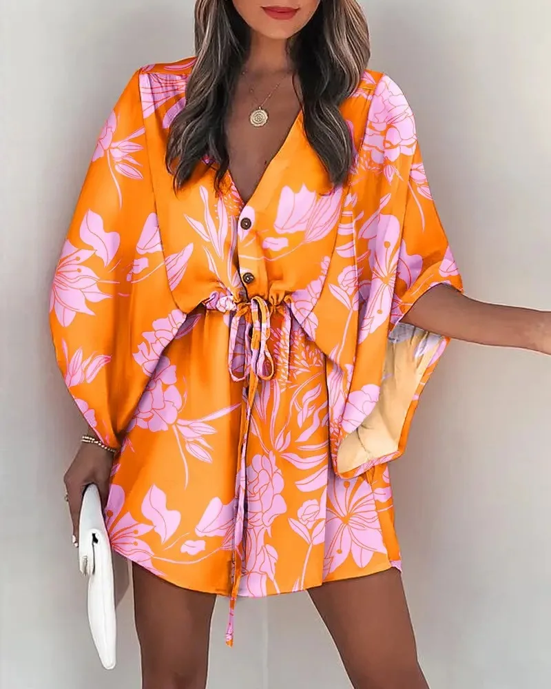 Summer Dress For Women 2024 New Floral Print Bat Half-Sleeve V-Neck Ruffle Irregular Hem Female Dress Casual Boho Women Clothes - Image 3
