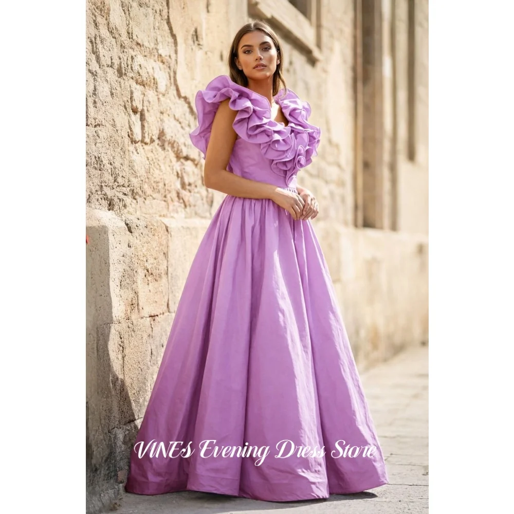 Fuchsia Prom Dress Voluminous Satin Evening Dress With Ruffle Neck A-Line Floor-Length Formal Party Gown - Image 6