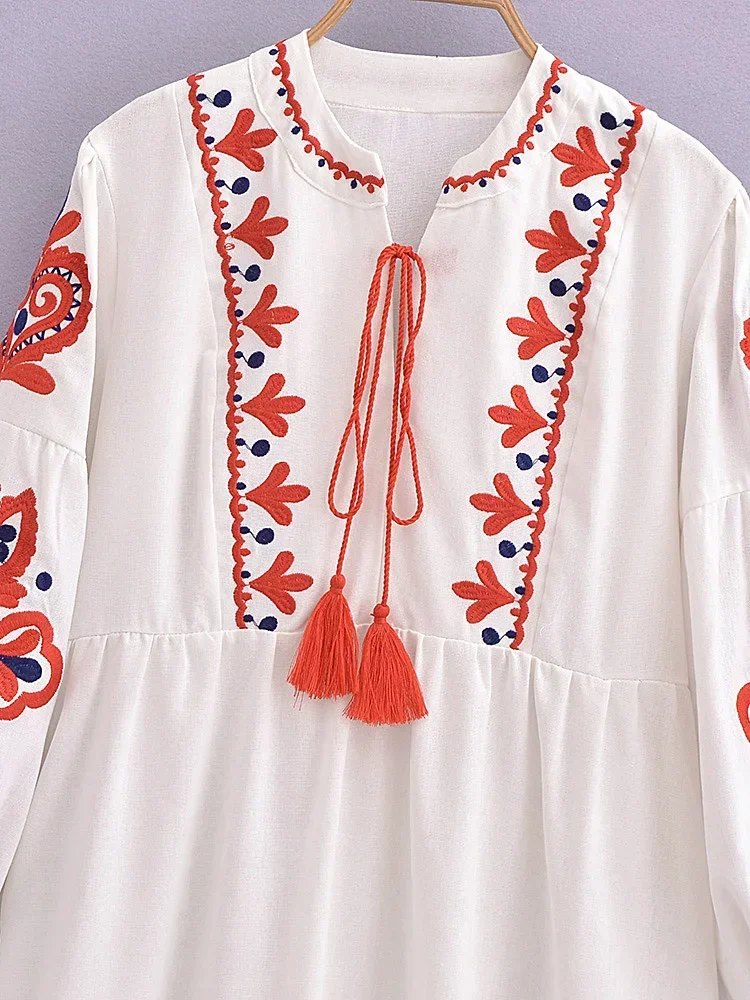 Vintage Chic Women Floral Emberoidery O-neck Lantern Sleeve Beach Bohemian Maxi Dresses Ladies Summer Boho Dress Vestidos - Image 3