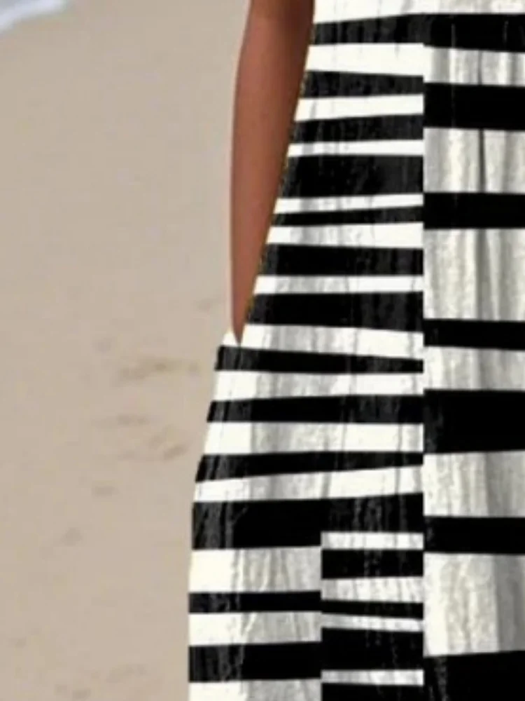 Women Plus Size Midi Robe Holiday Sexy Sleeveless Black & White Striped Printed Vest Dresses Fashion New Pockets O-neck Vestido - Image 3