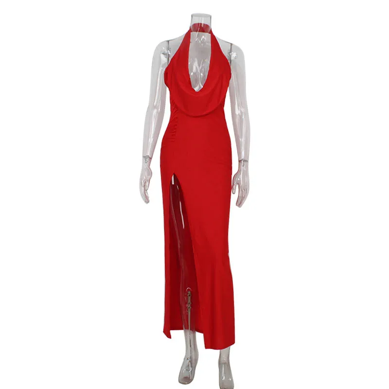 Women's Fashion Sexy Women's Party Dresses Solid Swinging Collar High Split Sleeveless Maxi Slim Folds Blackless Vestidos Robes - Image 6