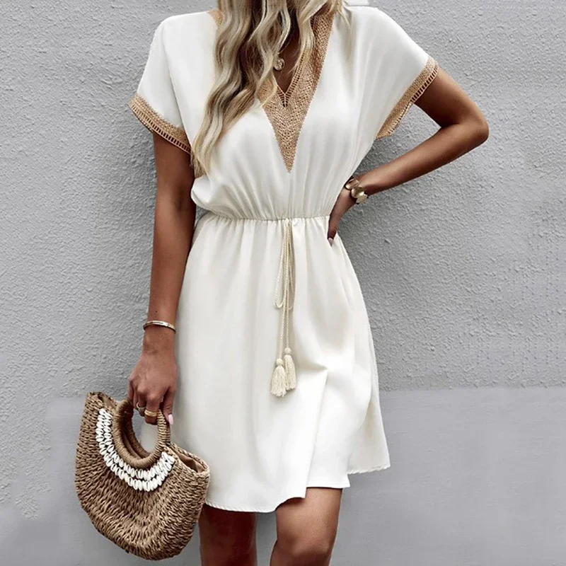 Summer Solid Short Sleeve Lace V Neck Waistband Female Beach Midi Short Dress Elegant Women's Sweet White Solid Color Dresses - Image 2