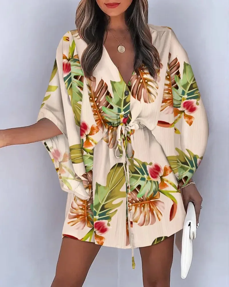 Summer Dress For Women 2024 New Floral Print Bat Half-Sleeve V-Neck Ruffle Irregular Hem Female Dress Casual Boho Women Clothes - Image 5