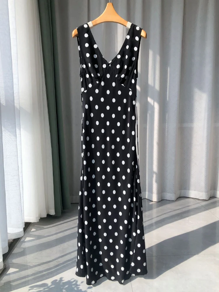 Woman Maxi Dress, 100%Real Silk, Bias cut, Dots Printed Long Dresses, 2025 Spring Summer Clothes, Black - Image 6