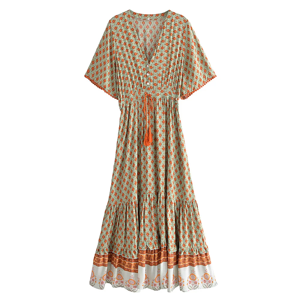 Happie Queens Fashion Women Floral Print V-neck Rayon Cotton Beach Bohemian Dresses Ladies Tassel Summer Boho Maxi Dress - Image 7