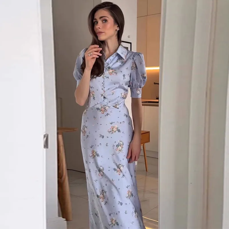 Pearl Button Floral Long Dress Woman Lapel Short Bubble Sleeve Waist Cinched Print Slim Dresses Elegant Fashion Lady's New Dress - Image 8