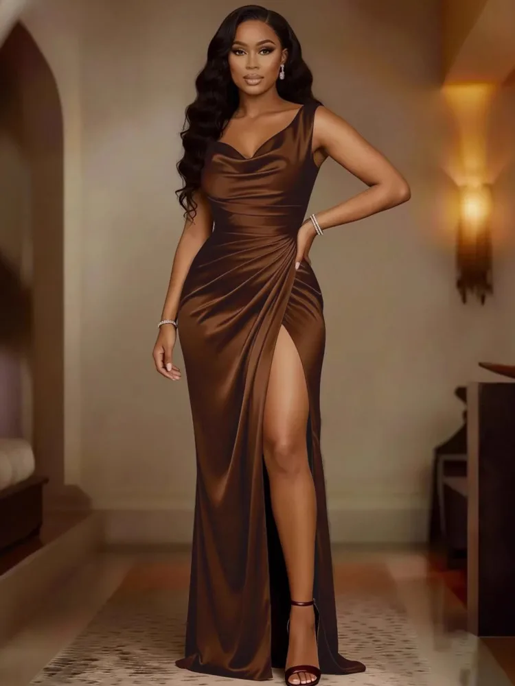 Summer Vacation Dress Sleeveless Slit High Waist Solid Slim Elegant Dress New Fashion Balck Beach Party Casual Dresses Robe - Image 3