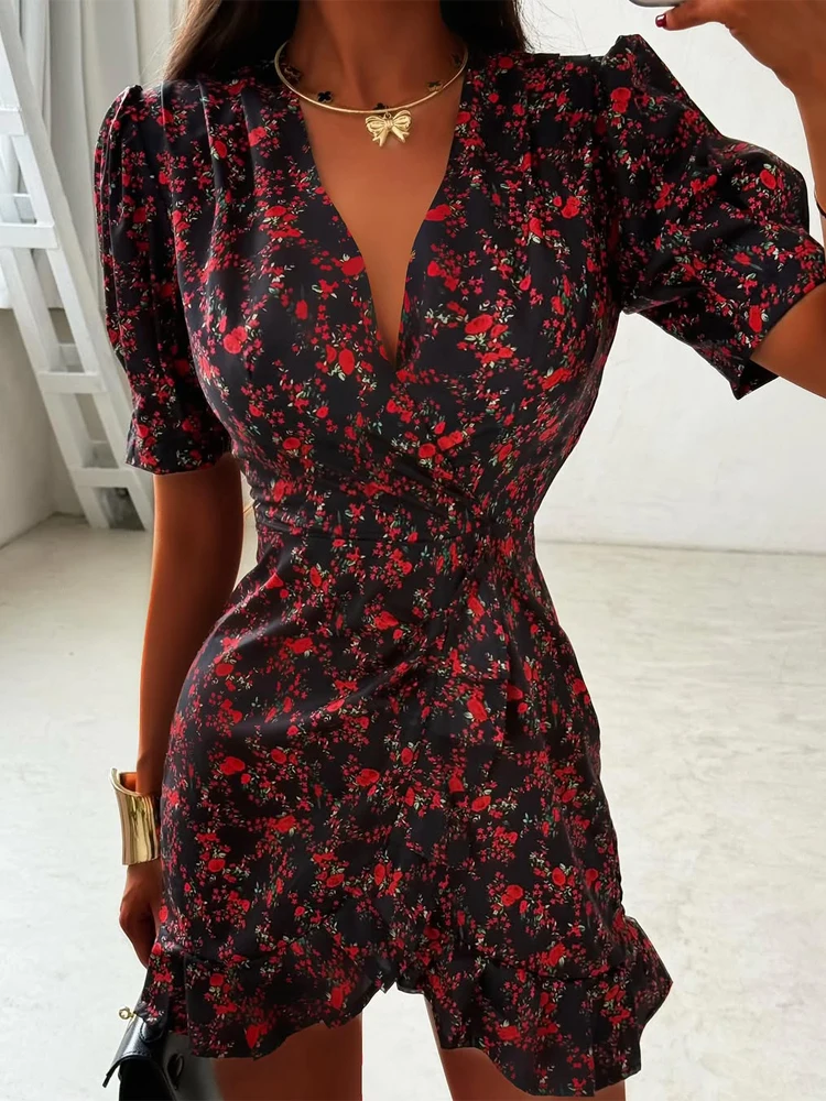 White Red Floral Ruched Puff Sleeve Mini Dress V-neck Ruffle Hem 3d Flower Dresses Summer Lady Party Sweet Date Vestido New 2026 - Image 15