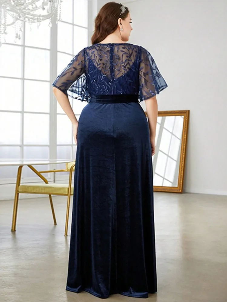 Plus Size Summer Formal Dress Women Sequin Bling Floral Velvet Patchwork Fashion Elegant Ladies Dresses High Waist Woman Dress - Image 4