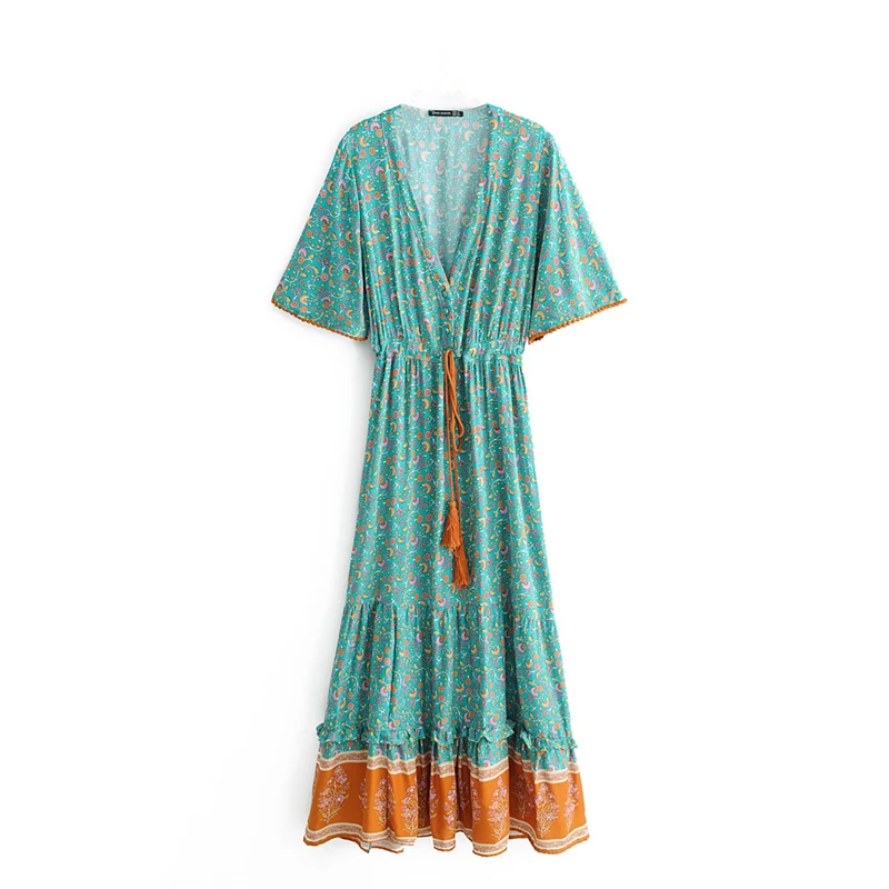 Happie Queens Fashion Women Floral Print V-neck Rayon Cotton Beach Bohemian Dresses Ladies Tassel Summer Boho Maxi Dress - Image 5
