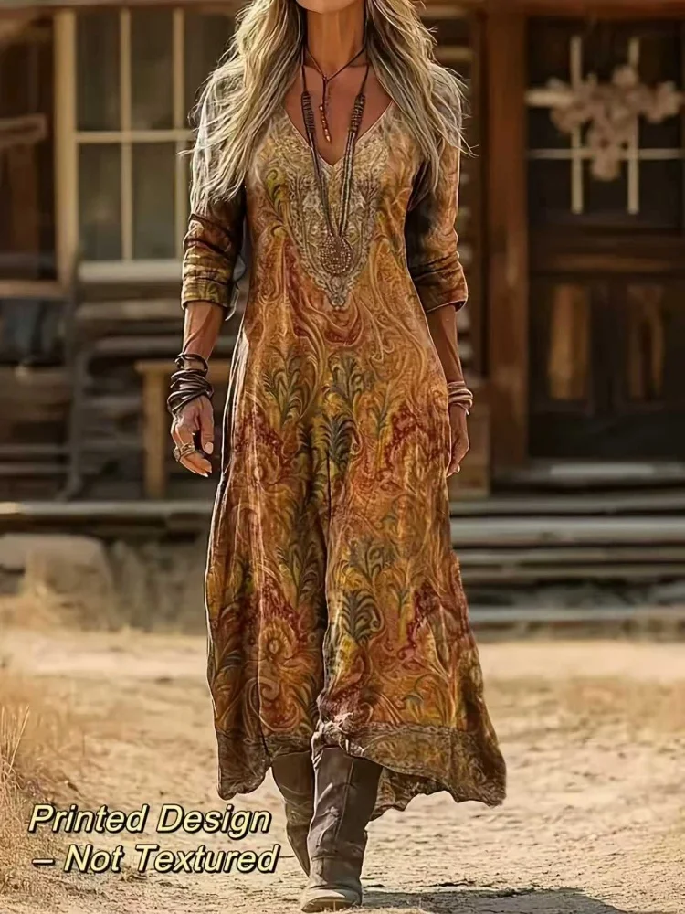 Women's Spring/Summer Vintage Ethnic Floral Art Print V-Neck Long Sleeve Dress, Bohemian Casual Midi Dress - Soft Stretchy Material - Image 2