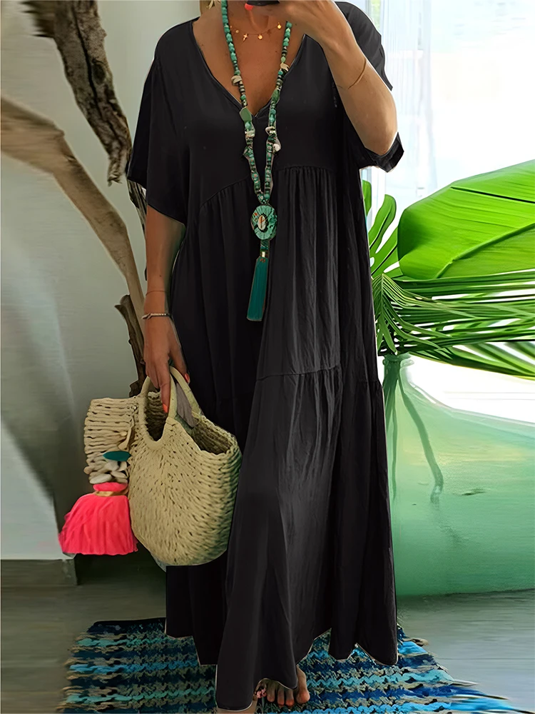 plus Size Women's Casual Loose V-Neck Solid Long Dress Spring Summer Pleated Big Size Women's Dress - Image 7