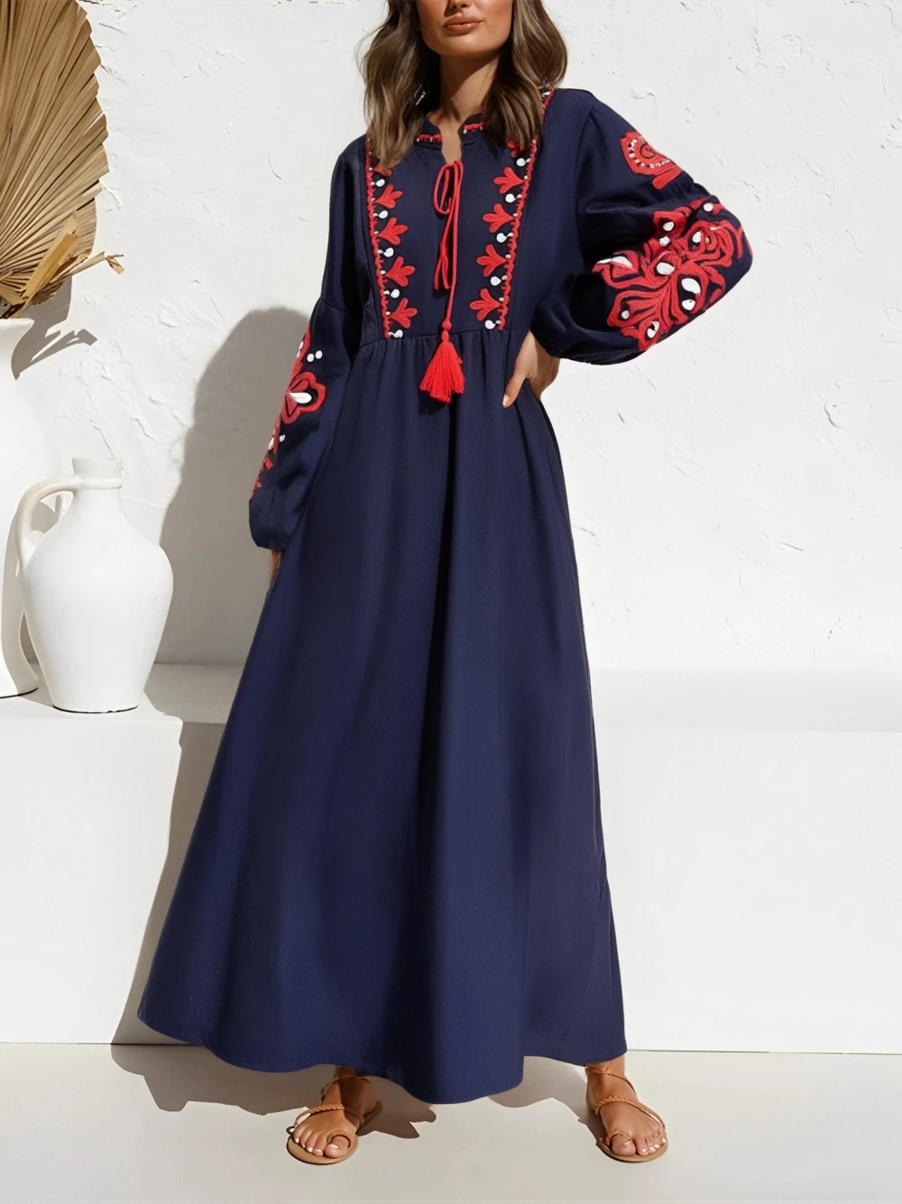 Vintage Chic Women Floral Emberoidery O-neck Lantern Sleeve Beach Bohemian Maxi Dresses Ladies Summer Boho Dress Vestidos - Image 7
