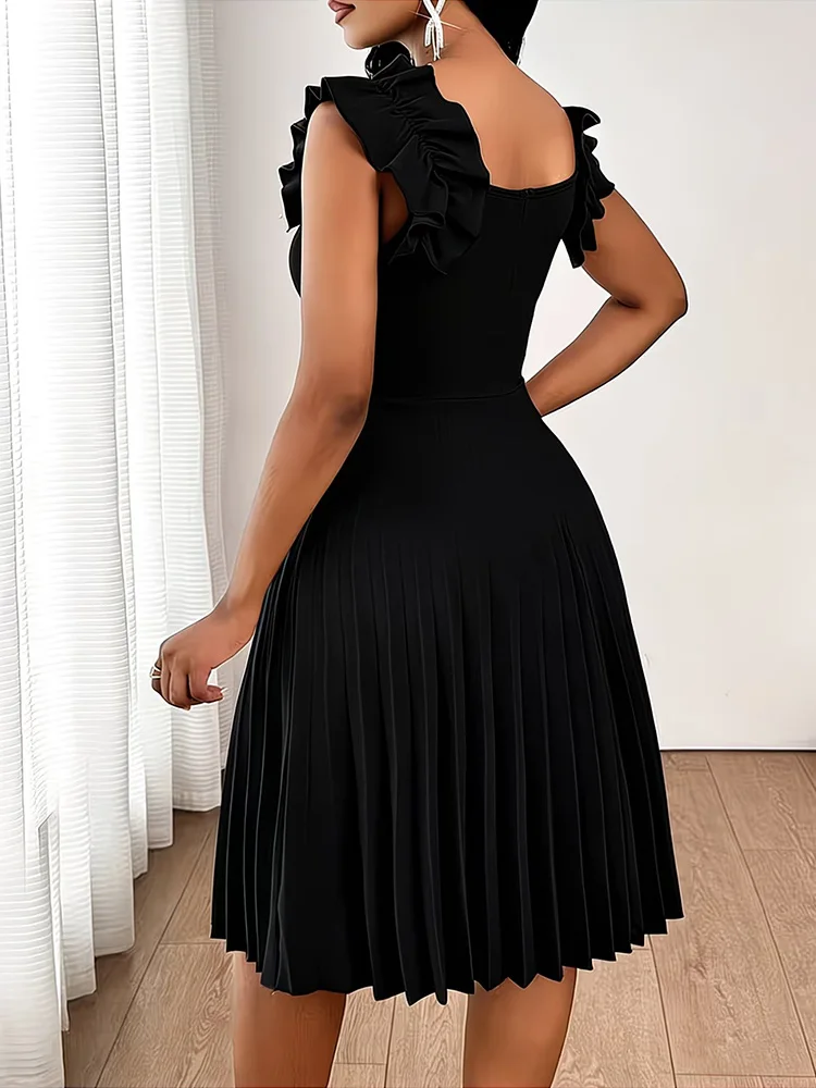 Plus Size Black Elegant Ruffle Trim Sleeveless Dress Women 2026 Summer High Waist Office Ladies Pleated Midi Dresses - Image 3