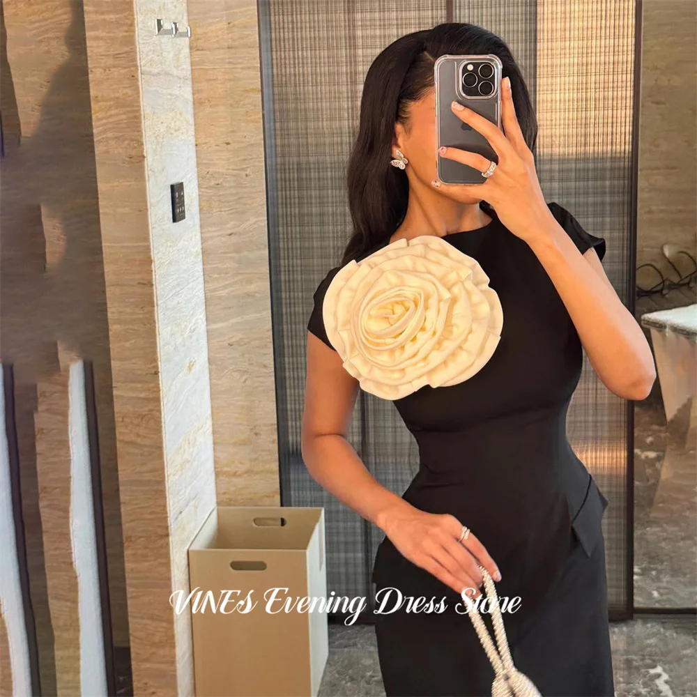 Black Party Dress Round Neck Regular Short Sleeve Night Dress, Satin Celebrity Dress