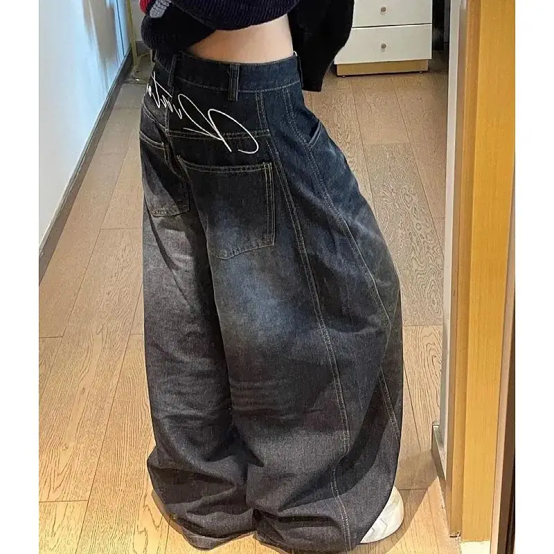 Black Women’s Jeans High Waist Vintage Design Hip Hop Straight Baggy Denim Pants Street  American Style Wide Leg Denim Trouser