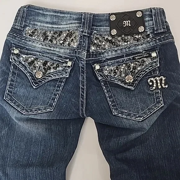 Bootcut Jeans, Women's Clothing, Harajuku Blue Bling Button Flap Pockets Jeans, Gothic High Waist Slim Fit Denim Pants Trousers - Image 2