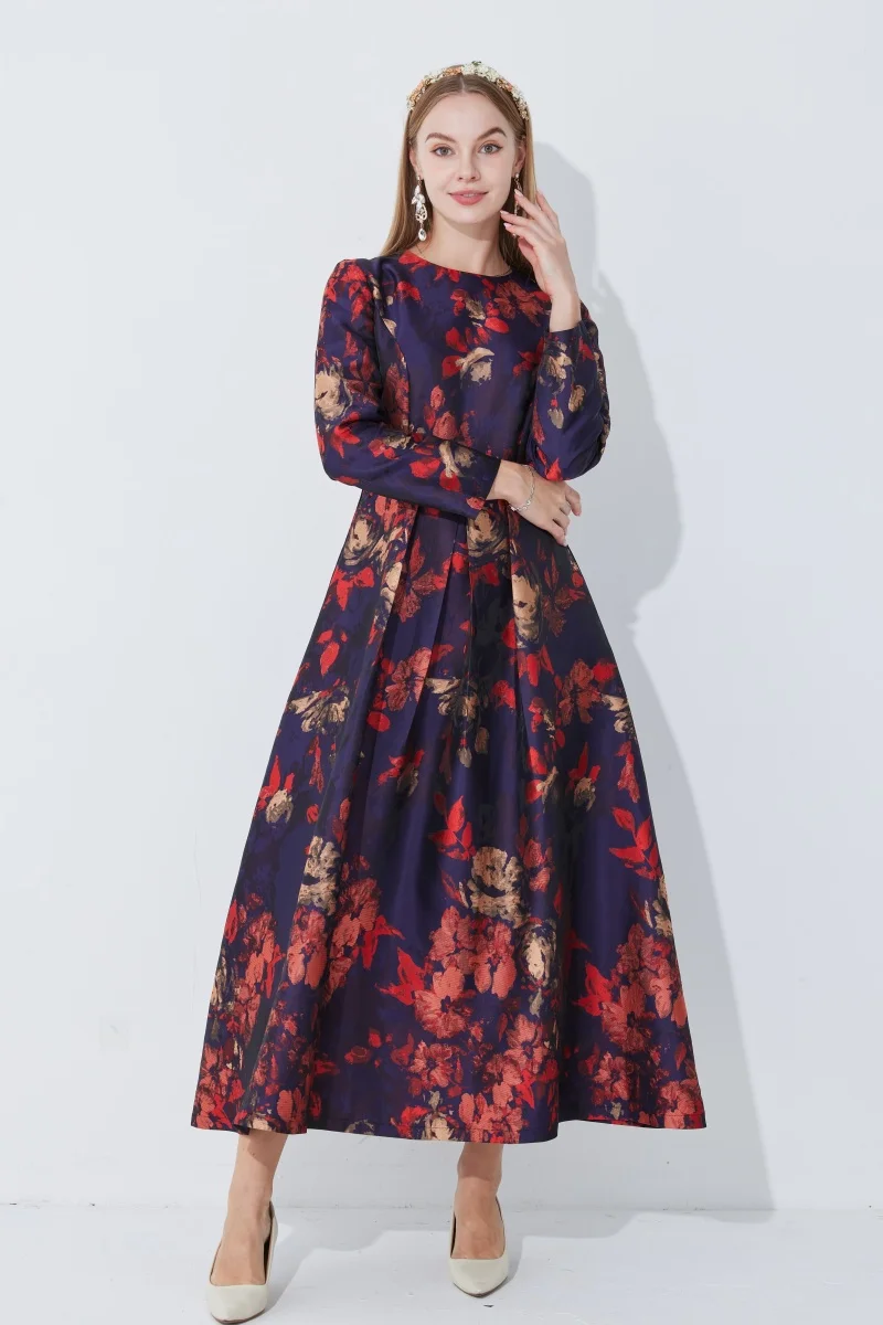 2025 Light Luxury High-End Plus Size Dress – Jacquard Round Neck Long Sleeve Tummy-Control Elegant Evening Gown
