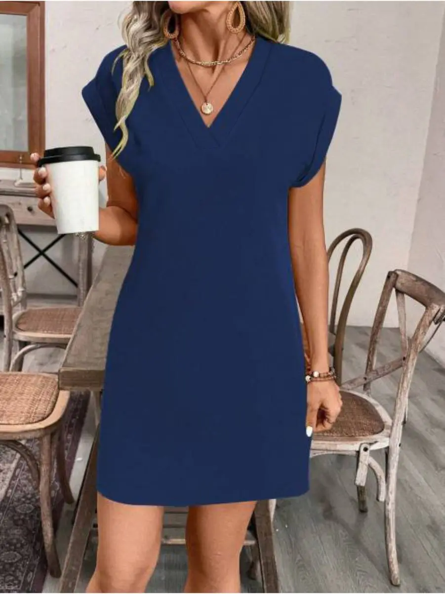 2026 New Summer Women's V-neck Short Sleeve Dress Minimalist Solid Color Mini Skirt for Office Commute & Daily Casual Wear - Image 4
