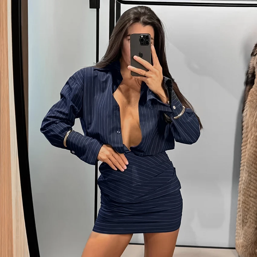 Linad Elegant High Waist Stripe Shirt Mini Mdi Dress Women 2025 Street Chic Long Sleeve Slim Dresses Female Office Single Breasted  Dress