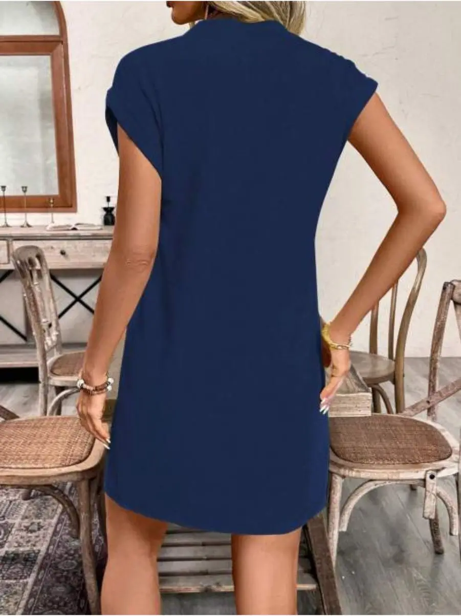 2026 New Summer Women's V-neck Short Sleeve Dress Minimalist Solid Color Mini Skirt for Office Commute & Daily Casual Wear - Image 2