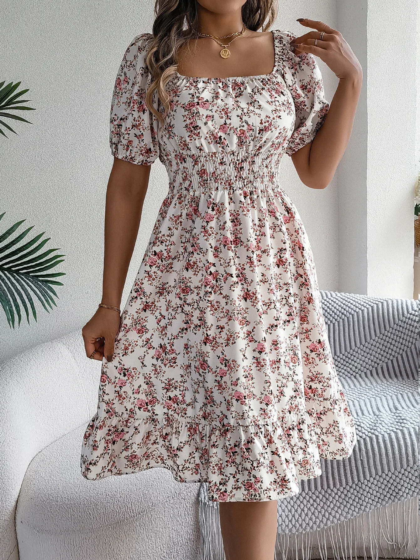 Summer Women's Beach Dress Floral 3D Print Square Neck Short-Sleeved Ladies Waist Ruffled A-Line Dress For Women Holiday Dresses - Image 9