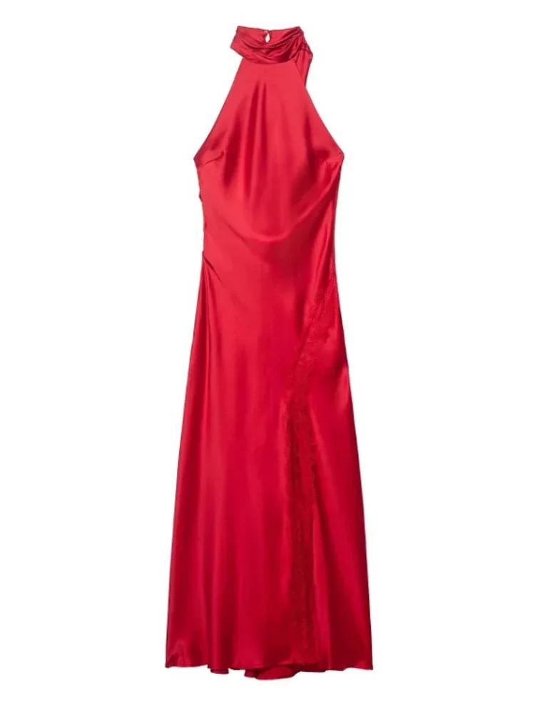 Women's red Satin Halter Sleeveless Dress Legant Lace Trimmed High Waisted Tight Fitting Dress 2026 Summer Lady Party Outfits - Image 7