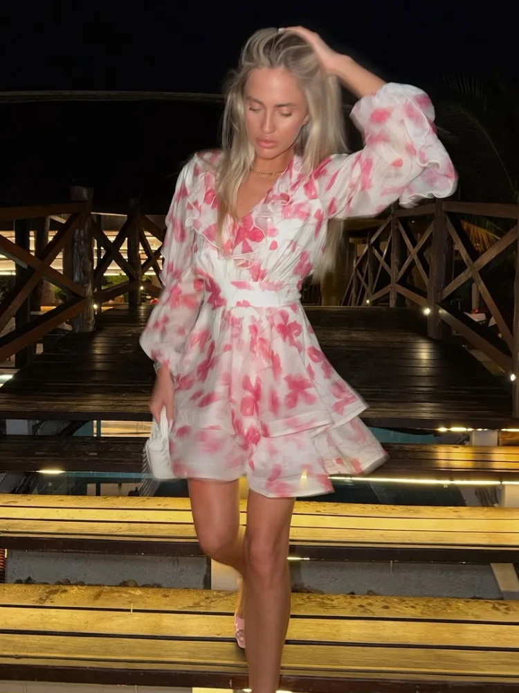 Slim Print Sweet Casual Dress Fashion V-neck Long Sleeve High Waist A Line Mini Dresses 2026 Elegant Ruffles Summer Dresses - Image 2