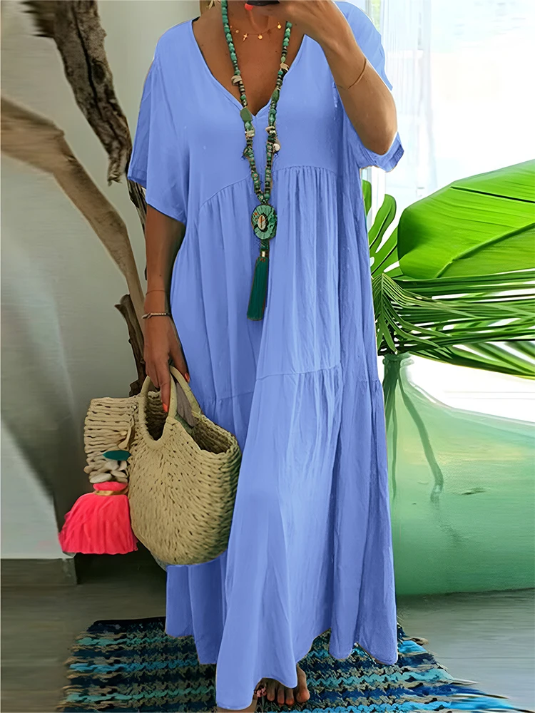 plus Size Women’s Casual Loose V-Neck Solid Long Dress Spring Summer Pleated Big Size Women’s Dress