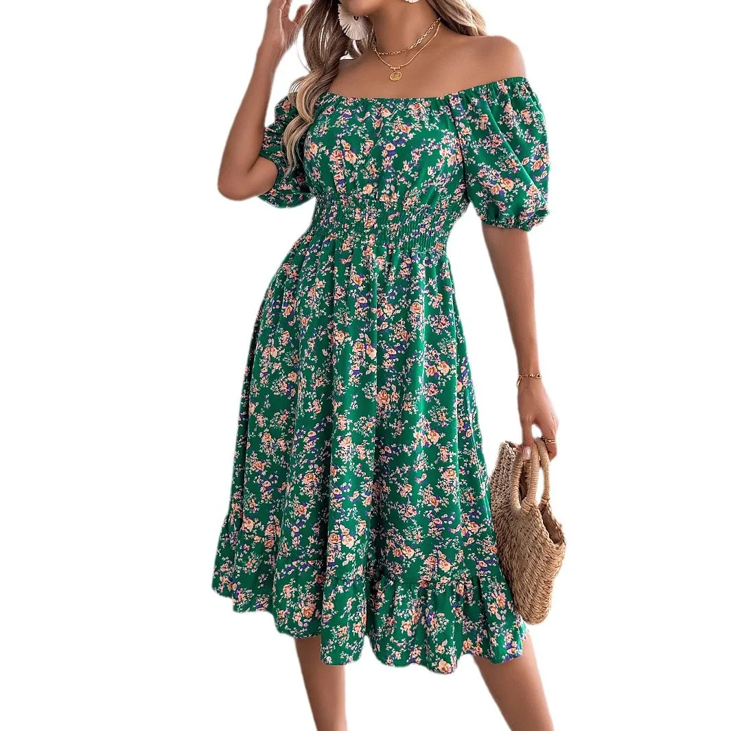 Summer Women's Beach Dress Floral 3D Print Square Neck Short-Sleeved Ladies Waist Ruffled A-Line Dress For Women Holiday Dresses - Image 2