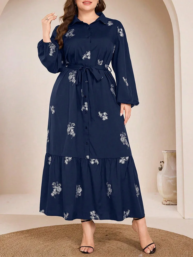 Plus Size Flower Embroidery Belted Shirt Dress Women Spring and Autumn Button Casual Long Sleeve Ruffle Hem Maxi Dresses