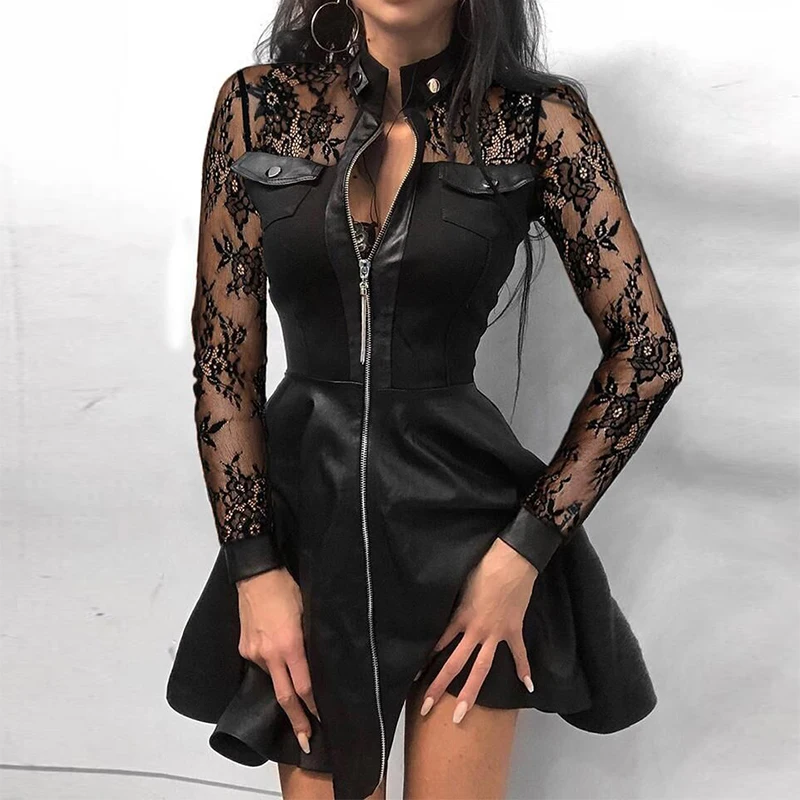 Sexy Sheath Mini Dress For Women Zipper Pockets Lace Long Sleeve Patchwork Party Dresses Elegant Stand Neck Button Slim Vestidos - Image 7