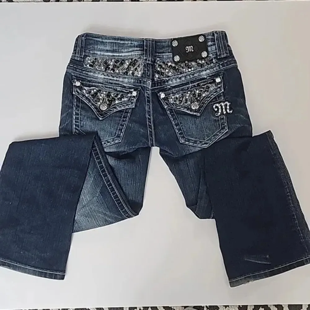 Bootcut Jeans, Women's Clothing, Harajuku Blue Bling Button Flap Pockets Jeans, Gothic High Waist Slim Fit Denim Pants Trousers - Image 10