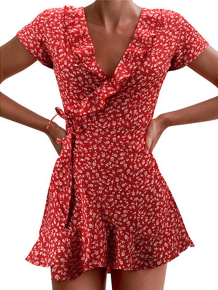 Summer Women’s Floal A-Line Dress Sweet Elegant Floral Ruffles V-neck Bandage Short Dress for Lady Chic Flowers Mini Dress - Image 8