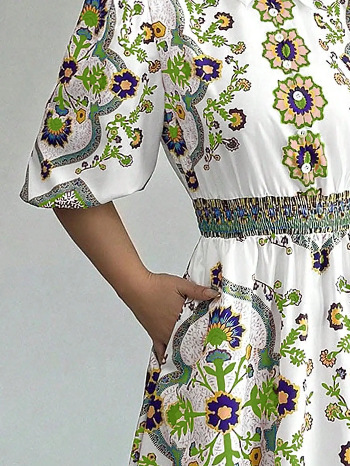 Vintage Floral Totem Print Women's Shirt Dress Elegant Turn Down Collar Puff Sleeve High Waist Long Dress For Beach Vacation - Image 5