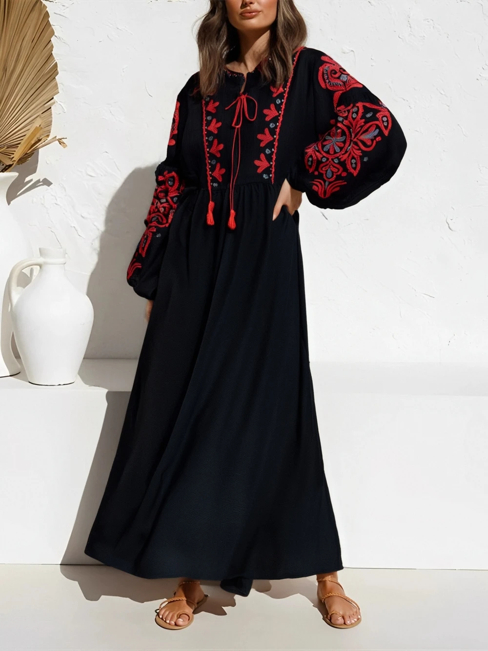 Vintage Chic Women Floral Emberoidery O-neck Lantern Sleeve Beach Bohemian Maxi Dresses Ladies Summer  Boho Dress Vestidos