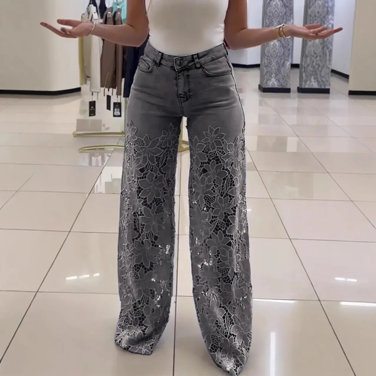 Fashion Elegant Jeans for Women High Waist Lace Patchwork Pantalones Hollow Out Oversized Spring Casual Loose All Match Pants - Image 9